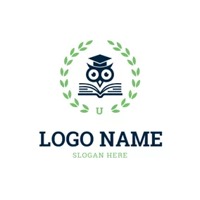 先生ロゴ Green Branch Encircled Owl and Book logo design