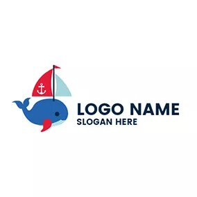 鯨Logo Red Flag and Blue Whale logo design