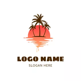水彩　ロゴ Red Sun and Palm Tree logo design