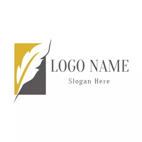 Writing Logo Yellow Rectangle and White Feather Pen logo design